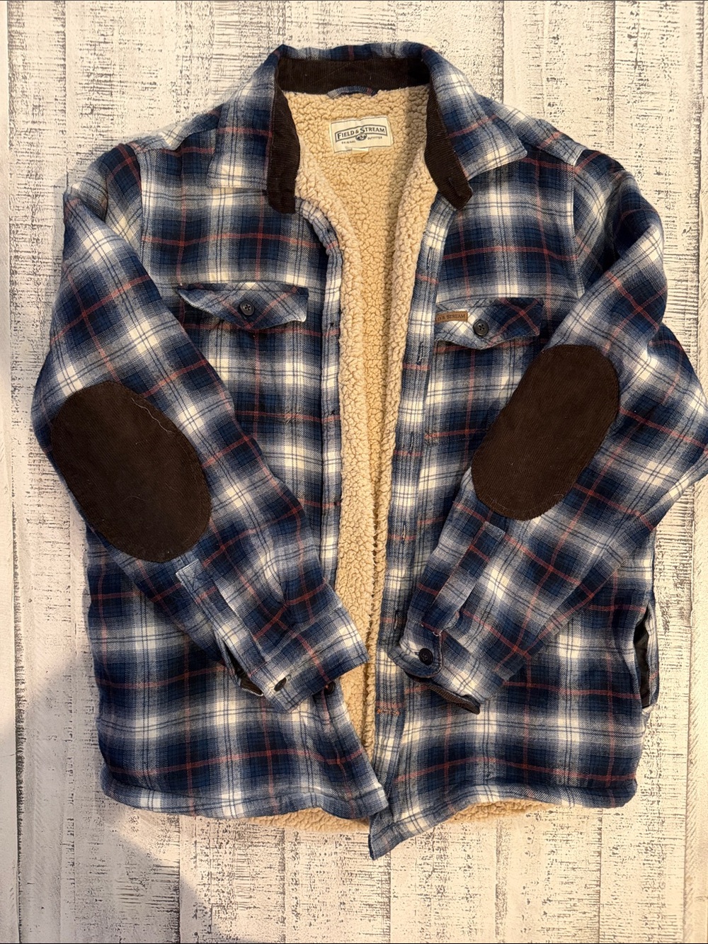 Field & Stream Navy and White Plaid Sherpa-Lined Button Down Shirt